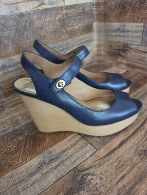 COACH Vintage Kelson Navy Leather Turnlock Wooden Platform Wedges - 9.5 B